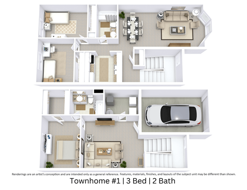 3d floor plan of a house with bedrooms and baths and a car